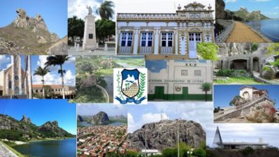 Painel panorâmico do brasão e pontos turísticos de Quixadá - Ceará